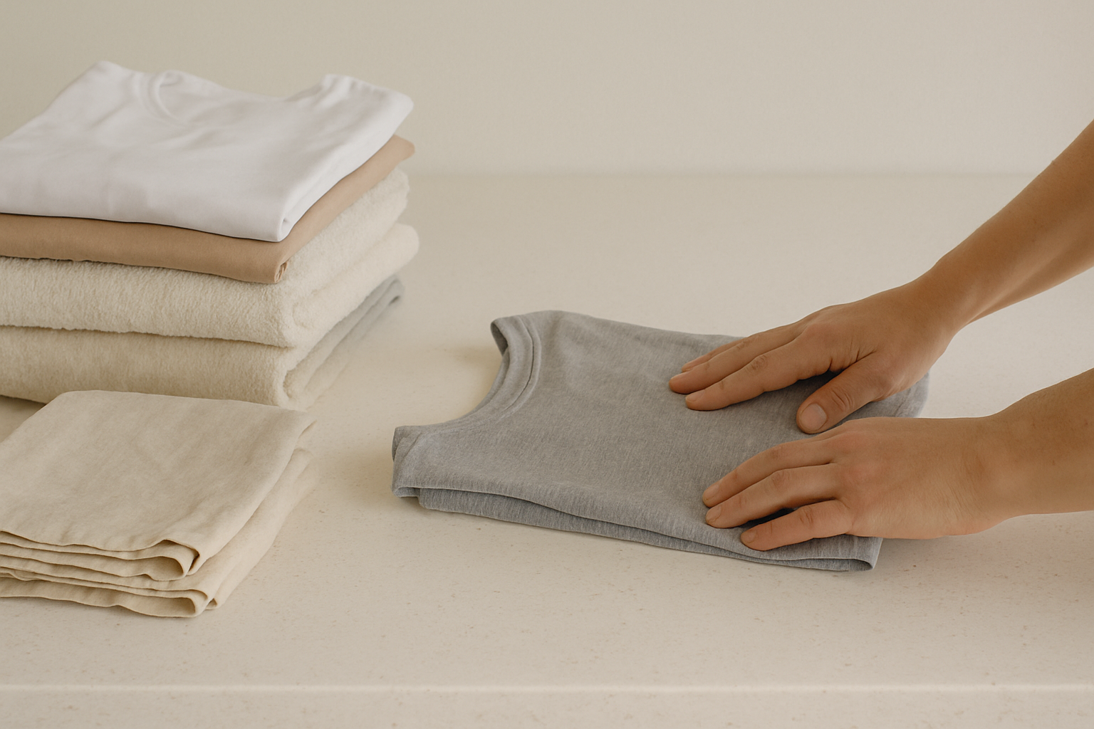 Ropa limpia doblada sobre una mesa de trabajo